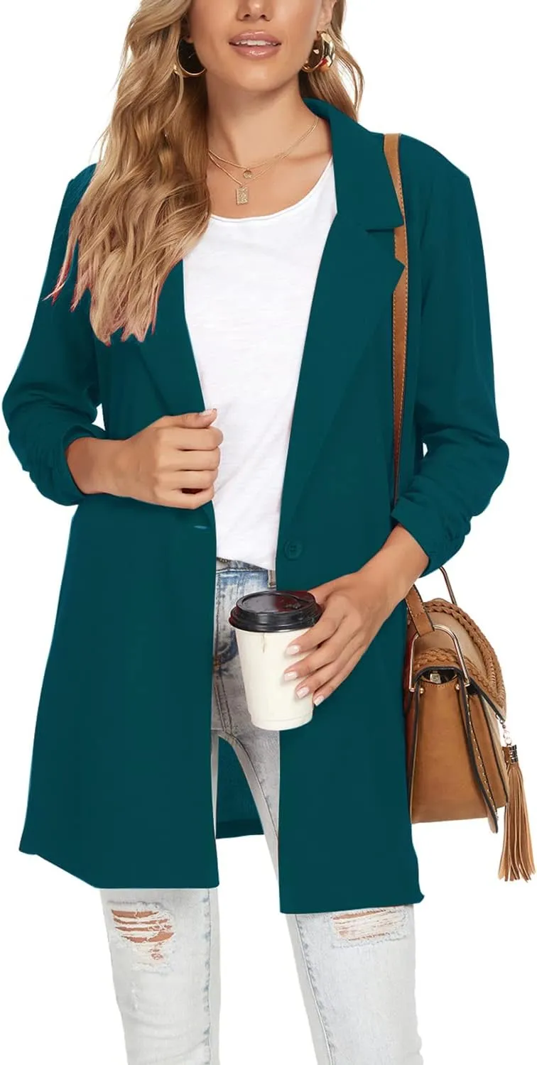 Unifizz Women Long Blazers for Business Casual 3/4 Sleeve Button Front Notch Lapel Lightweight Work Office Blazer Jackets