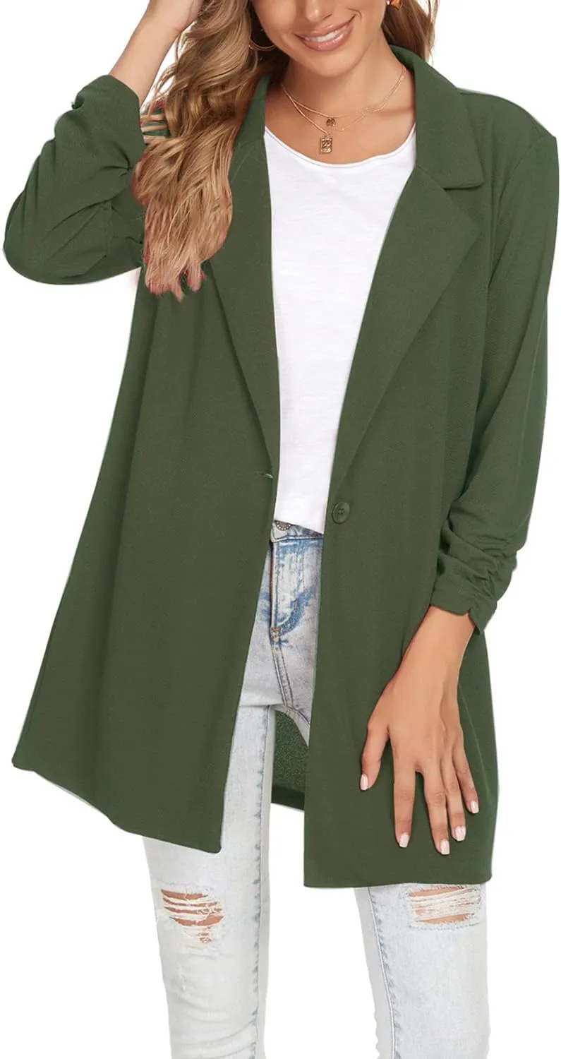 Unifizz Women Long Blazers for Business Casual 3/4 Sleeve Button Front Notch Lapel Lightweight Work Office Blazer Jackets
