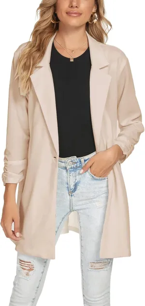 Unifizz Women Long Blazers for Business Casual 3/4 Sleeve Button Front Notch Lapel Lightweight Work Office Blazer Jackets