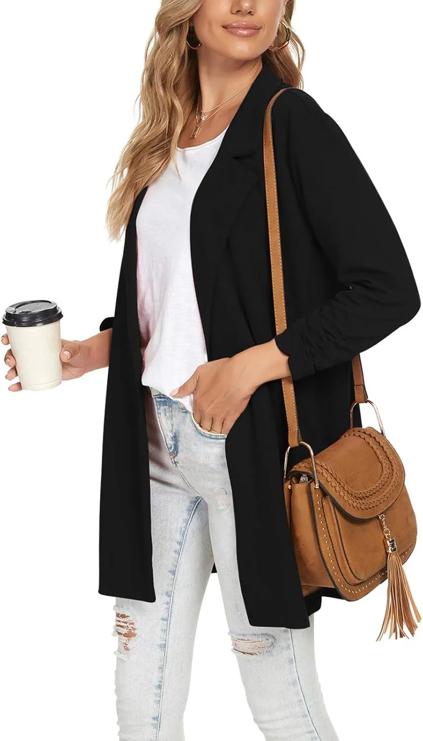 Unifizz Women Long Blazers for Business Casual 3/4 Sleeve Button Front Notch Lapel Lightweight Work Office Blazer Jackets