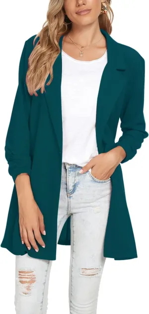 Unifizz Women Long Blazers for Business Casual 3/4 Sleeve Button Front Notch Lapel Lightweight Work Office Blazer Jackets