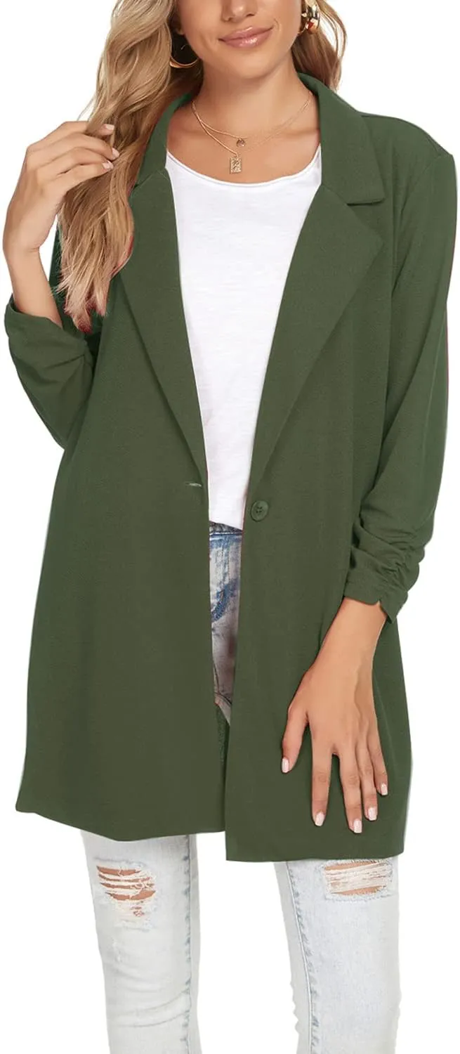 Unifizz Women Long Blazers for Business Casual 3/4 Sleeve Button Front Notch Lapel Lightweight Work Office Blazer Jackets