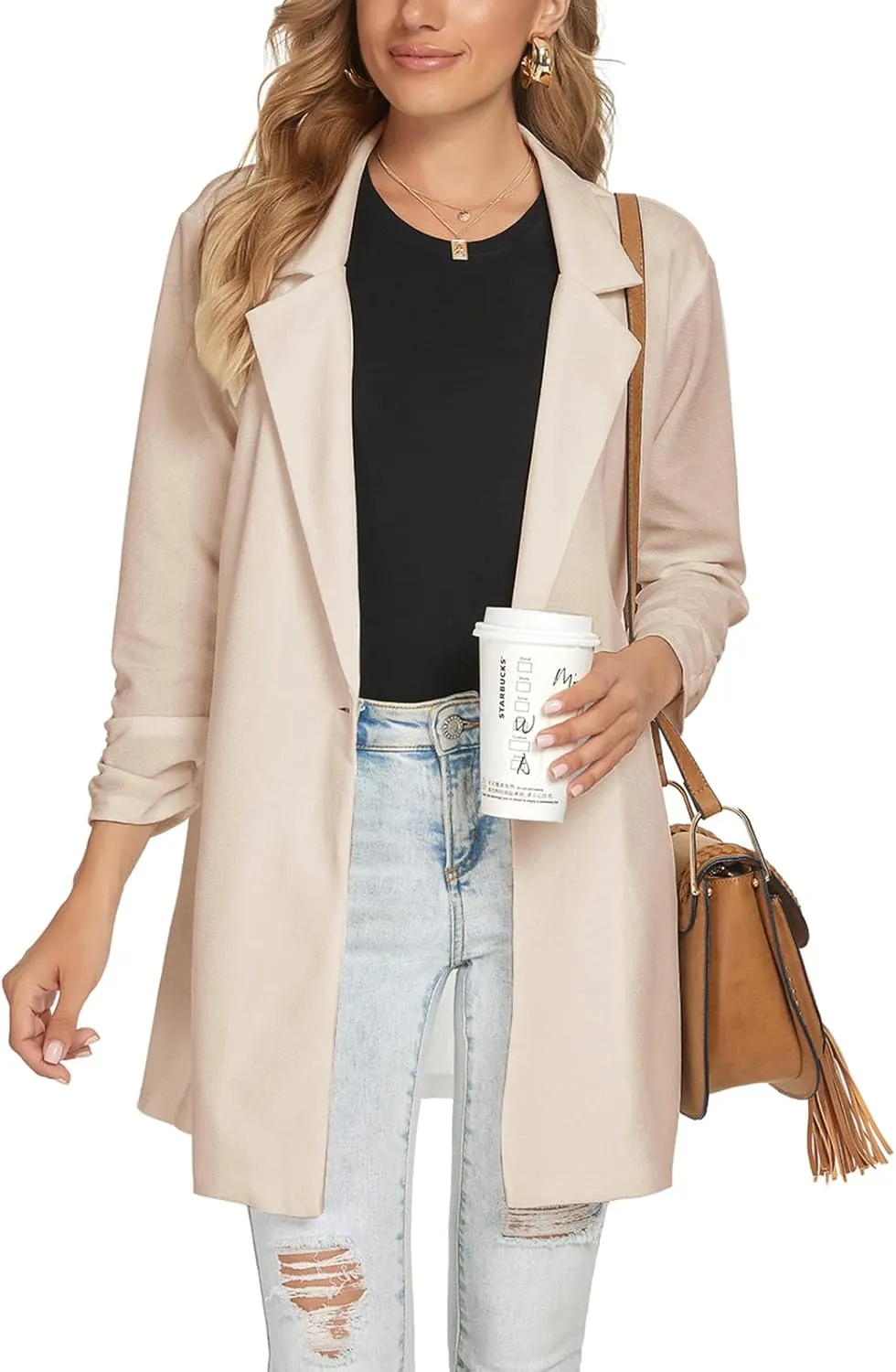 Unifizz Women Long Blazers for Business Casual 3/4 Sleeve Button Front Notch Lapel Lightweight Work Office Blazer Jackets