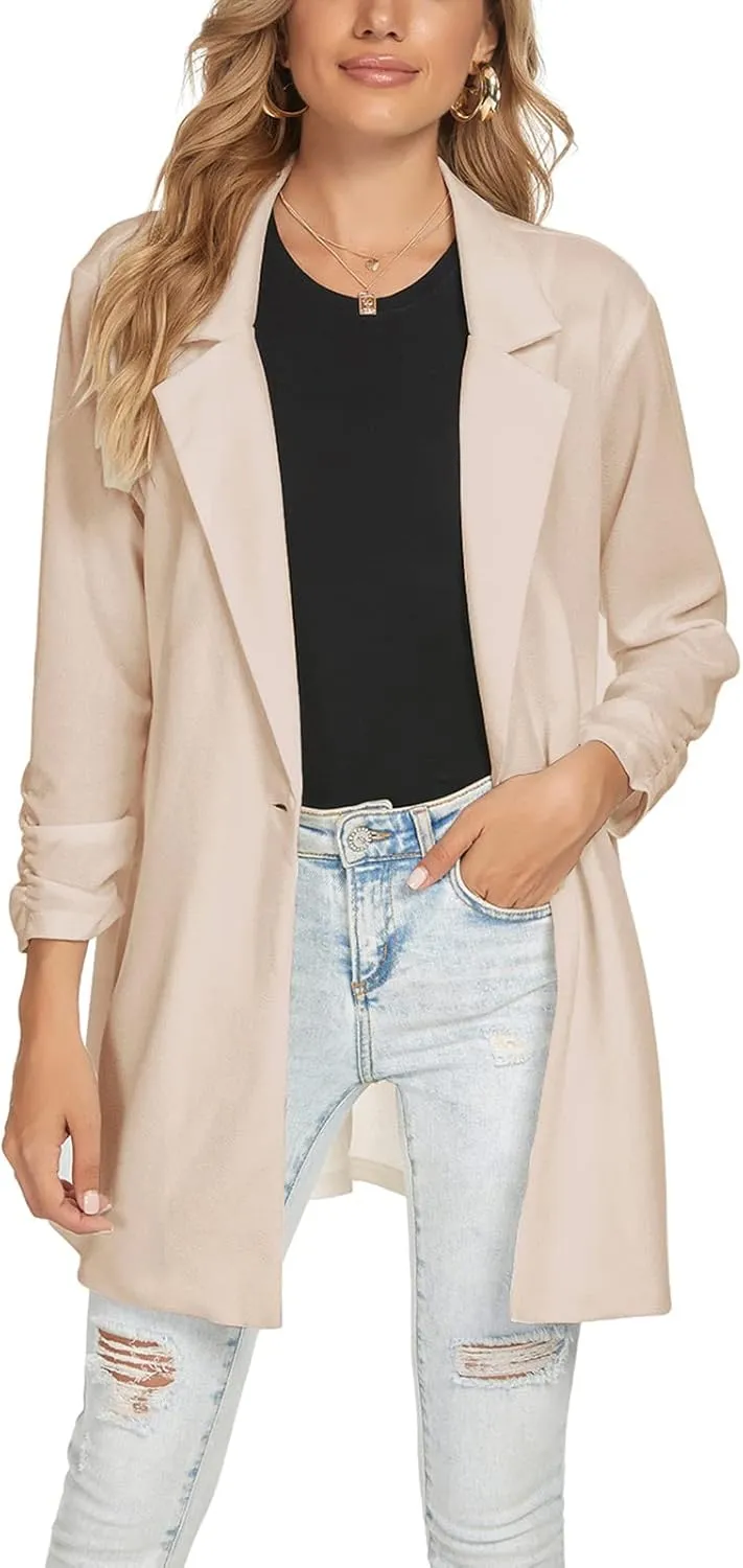 Unifizz Women Long Blazers for Business Casual 3/4 Sleeve Button Front Notch Lapel Lightweight Work Office Blazer Jackets