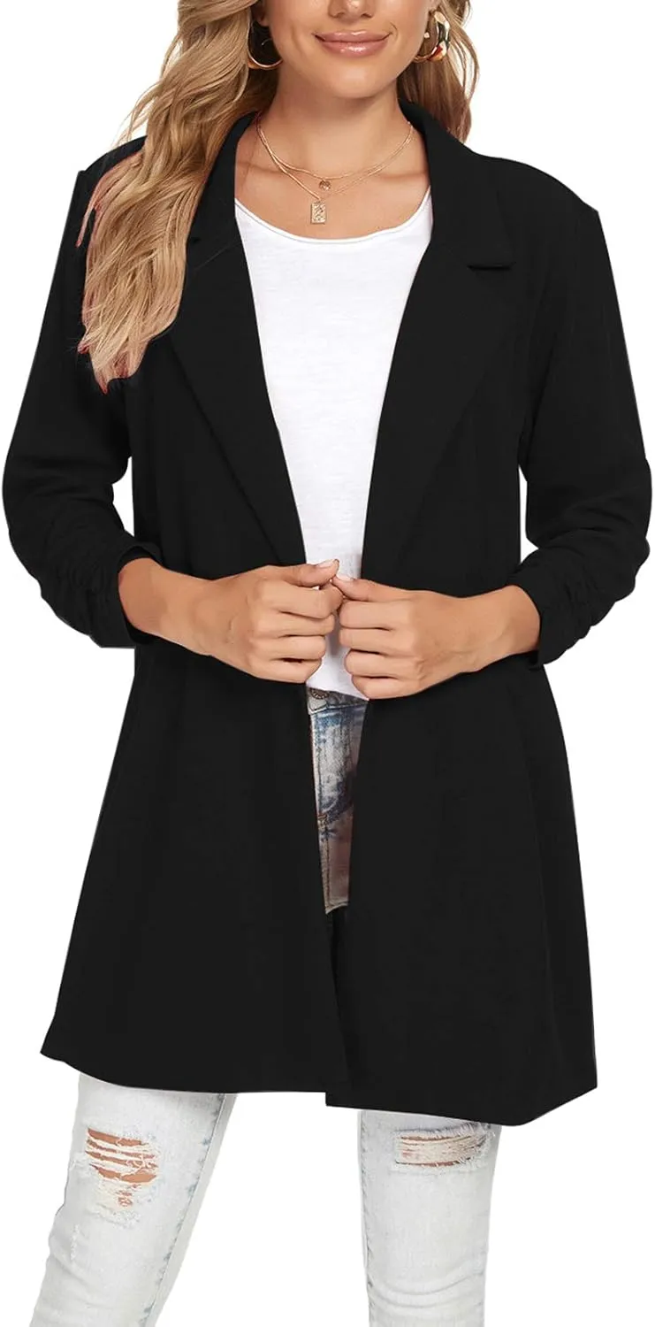 Unifizz Women Long Blazers for Business Casual 3/4 Sleeve Button Front Notch Lapel Lightweight Work Office Blazer Jackets