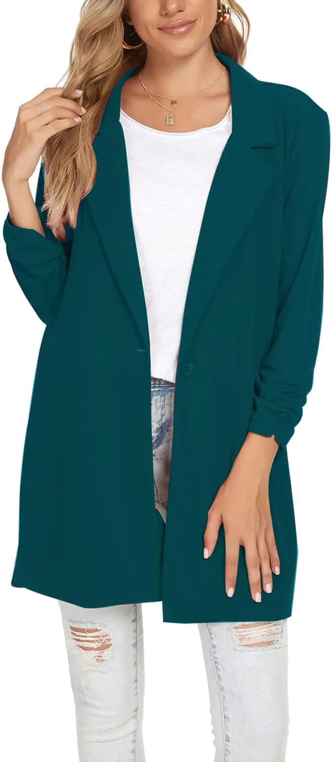Unifizz Women Long Blazers for Business Casual 3/4 Sleeve Button Front Notch Lapel Lightweight Work Office Blazer Jackets
