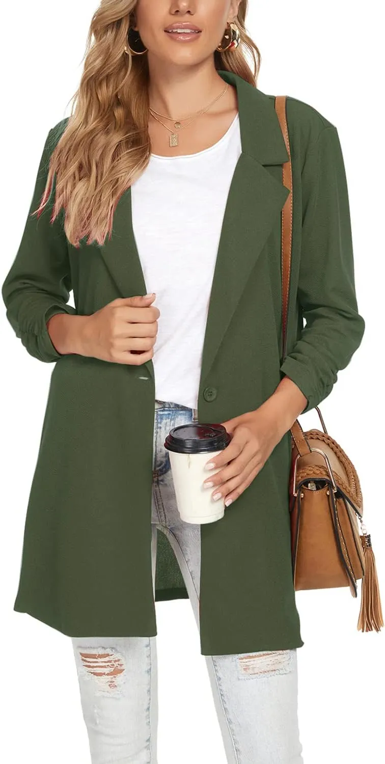 Unifizz Women Long Blazers for Business Casual 3/4 Sleeve Button Front Notch Lapel Lightweight Work Office Blazer Jackets