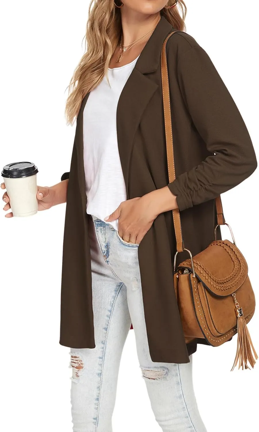 Unifizz Women Long Blazers for Business Casual 3/4 Sleeve Button Front Notch Lapel Lightweight Work Office Blazer Jackets