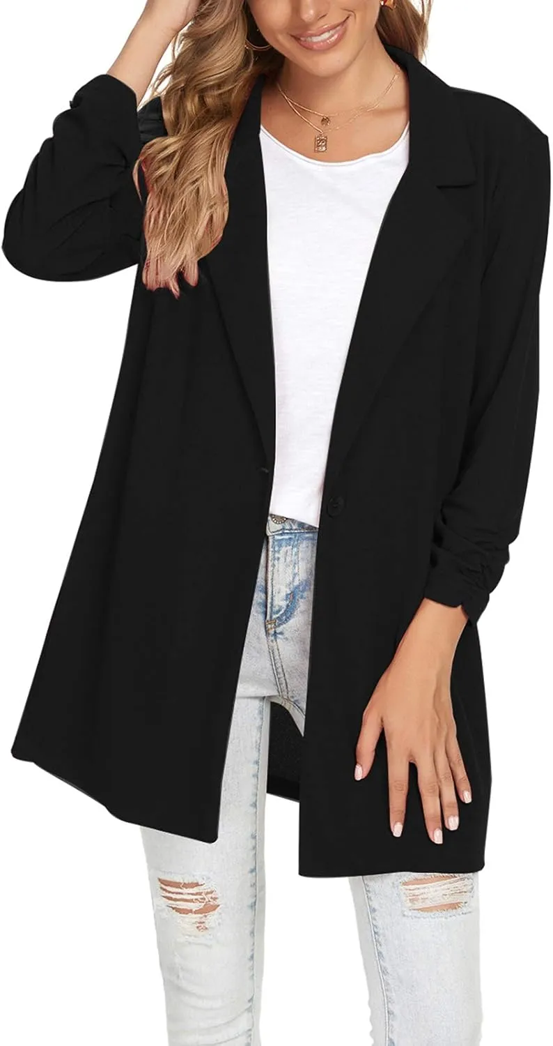 Unifizz Women Long Blazers for Business Casual 3/4 Sleeve Button Front Notch Lapel Lightweight Work Office Blazer Jackets