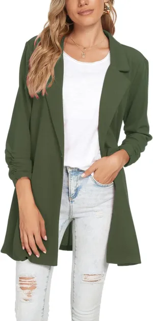 Unifizz Women Long Blazers for Business Casual 3/4 Sleeve Button Front Notch Lapel Lightweight Work Office Blazer Jackets