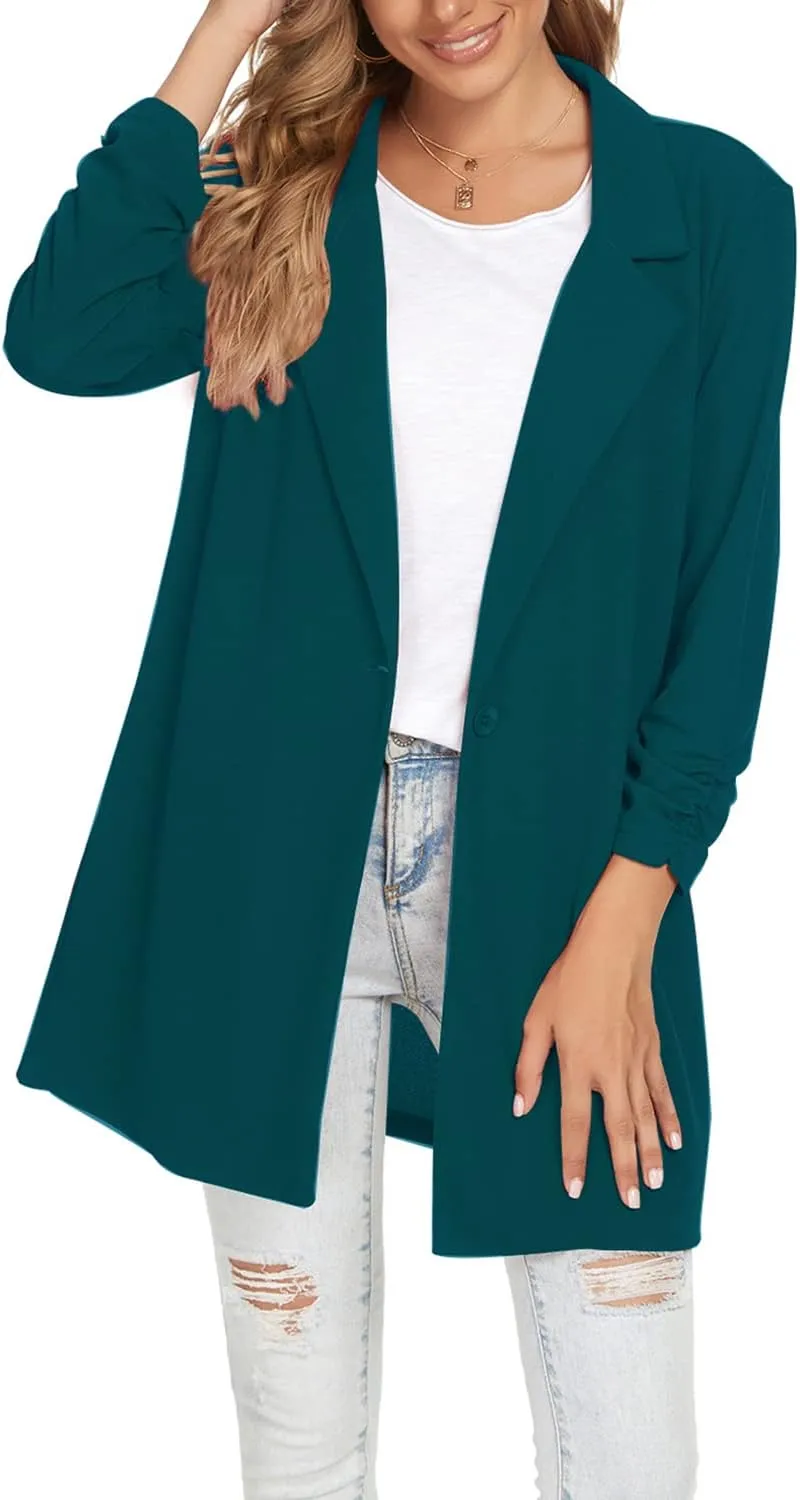 Unifizz Women Long Blazers for Business Casual 3/4 Sleeve Button Front Notch Lapel Lightweight Work Office Blazer Jackets