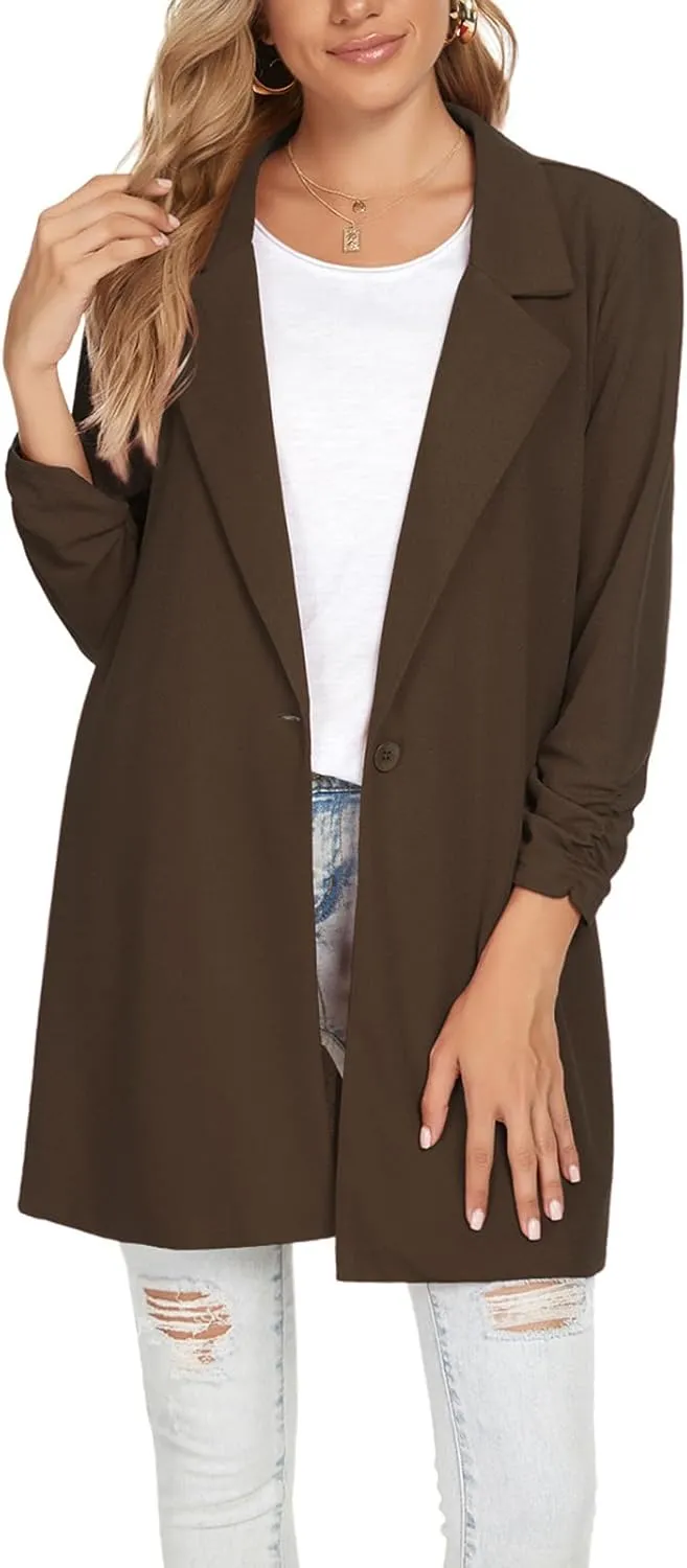 Unifizz Women Long Blazers for Business Casual 3/4 Sleeve Button Front Notch Lapel Lightweight Work Office Blazer Jackets
