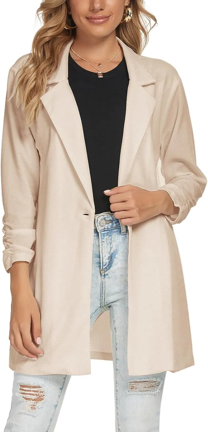 Unifizz Women Long Blazers for Business Casual 3/4 Sleeve Button Front Notch Lapel Lightweight Work Office Blazer Jackets