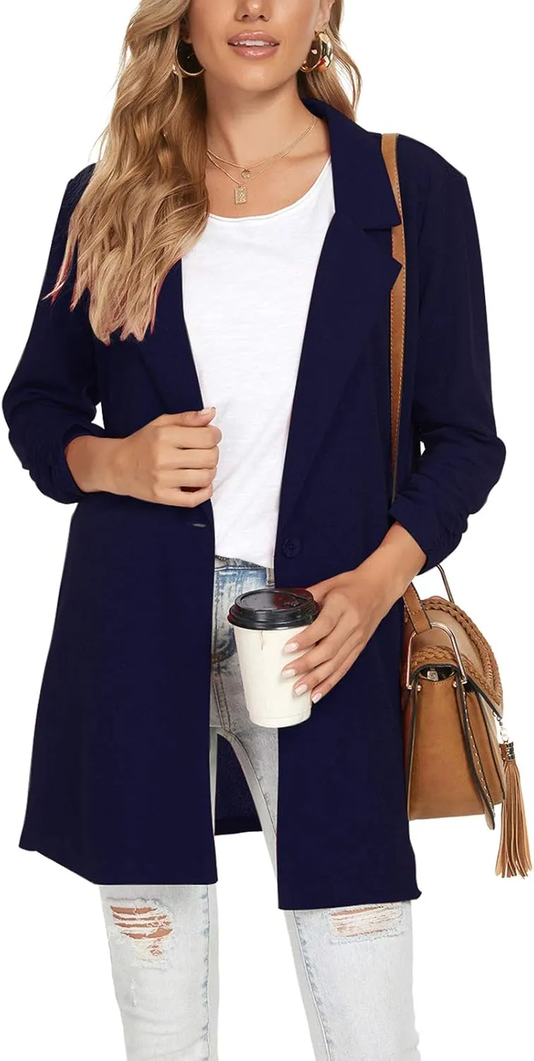 Unifizz Women's Long Sleeve Button Front Blazers Casual Lightweight Work Office Long Blazer Jackets