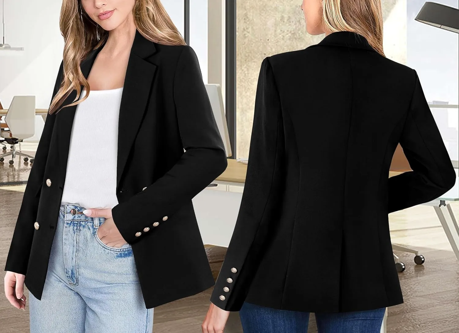 VFSHOW Womens Work Business Blazers Open Front Notch Lapel Double Breasted Office Back Slit Pockets Jackets Blazer