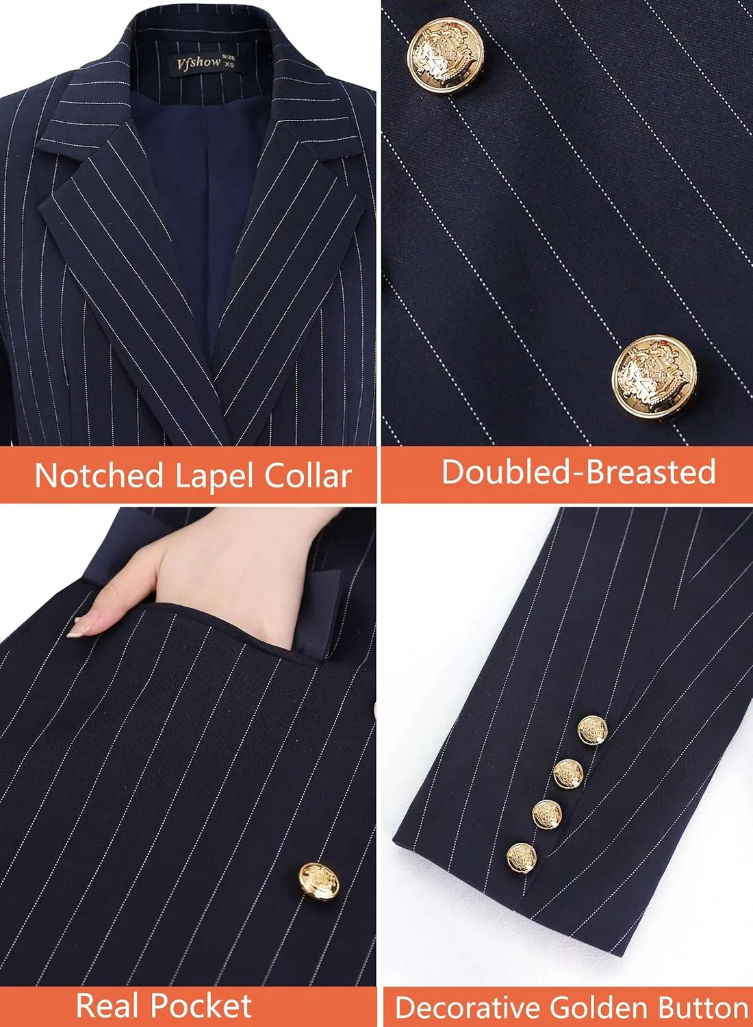 VFSHOW Womens Work Business Blazers Open Front Notch Lapel Double Breasted Office Back Slit Pockets Jackets Blazer