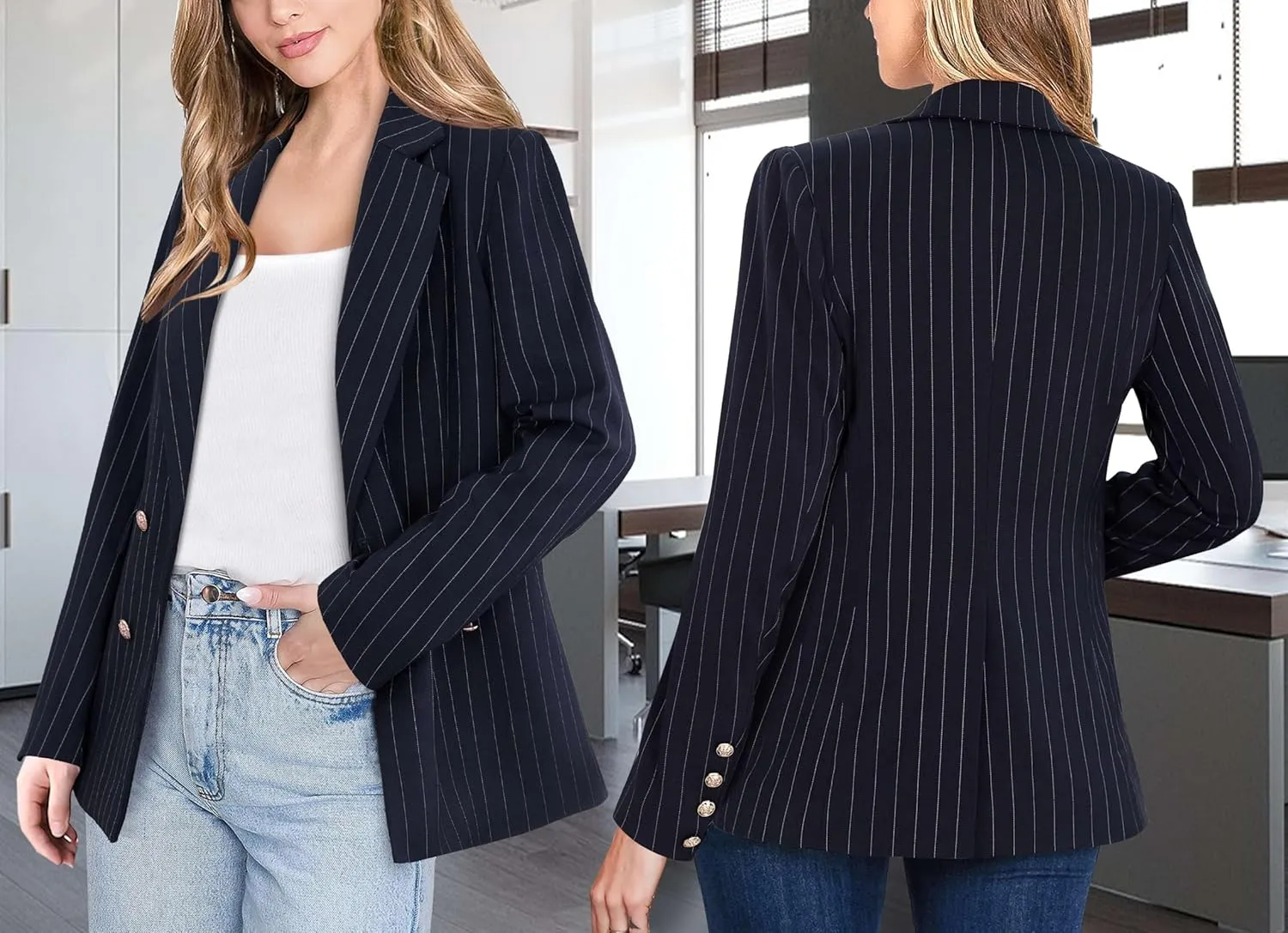 VFSHOW Womens Work Business Blazers Open Front Notch Lapel Double Breasted Office Back Slit Pockets Jackets Blazer