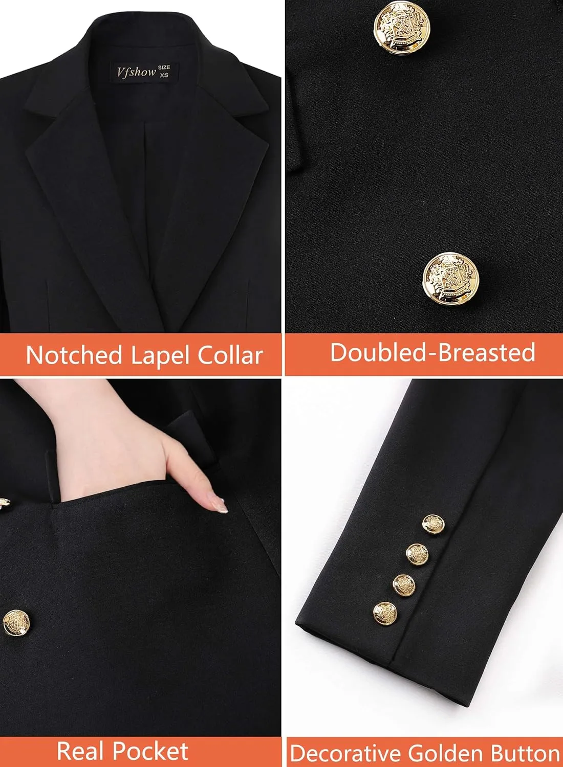 VFSHOW Womens Work Business Blazers Open Front Notch Lapel Double Breasted Office Back Slit Pockets Jackets Blazer