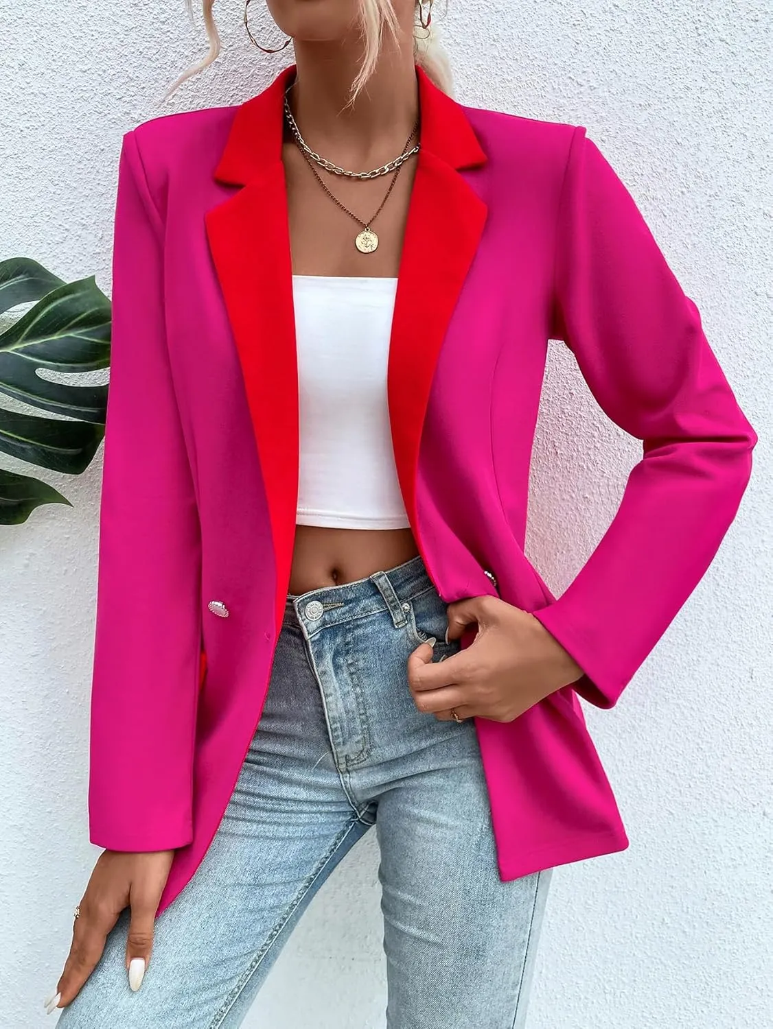 WDIRARA Women's Color Block Contrast Lapel Collar Double Breasted Long Sleeve Work Office Blazers