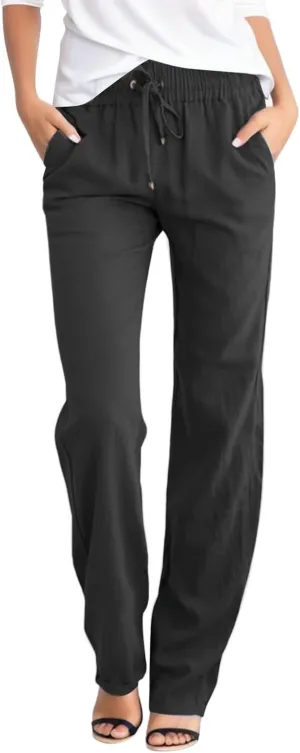 Wide Leg Pants for Women Cotton Linen Business Casual Long Trousers Summer Drawstring Elastic High Waist Linen Pants