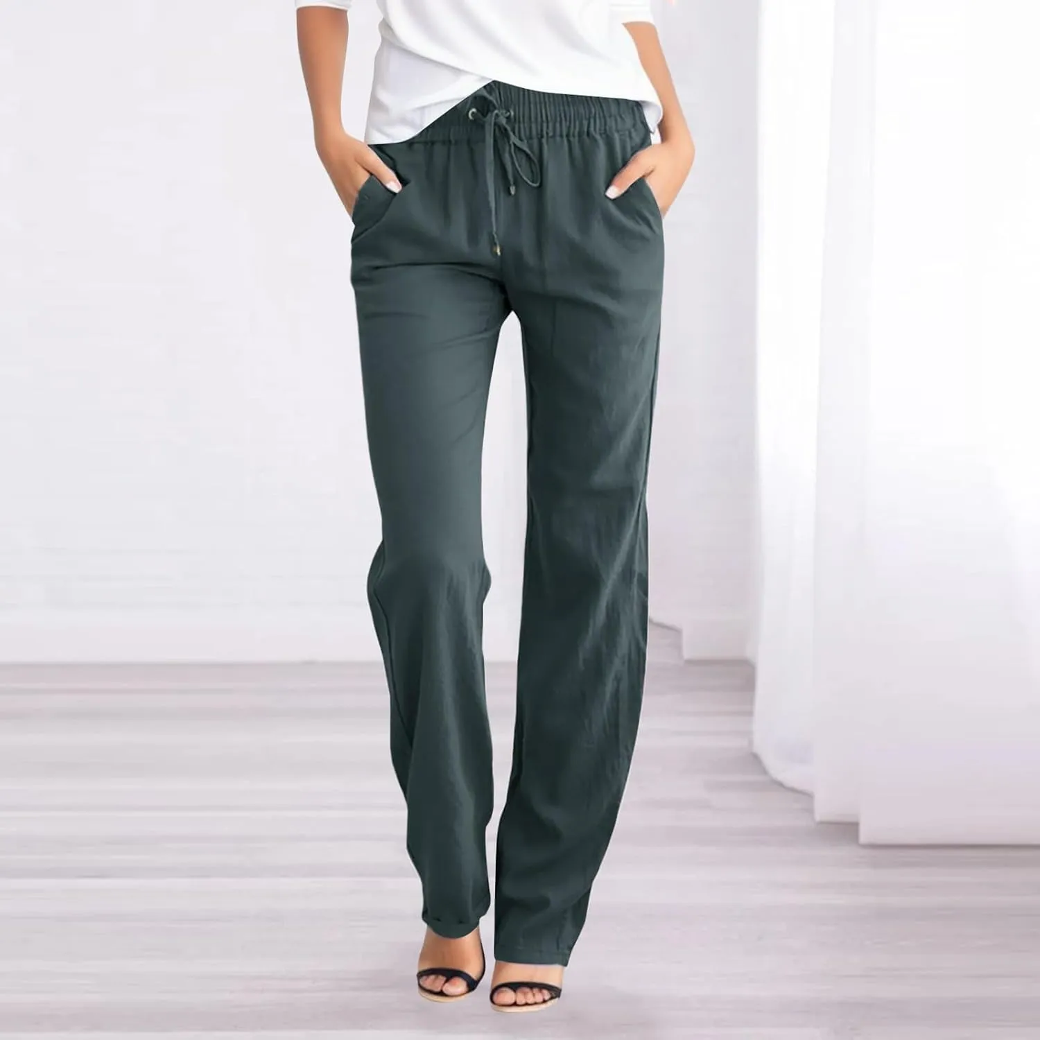 Wide Leg Pants for Women Cotton Linen Business Casual Long Trousers Summer Drawstring Elastic High Waist Linen Pants