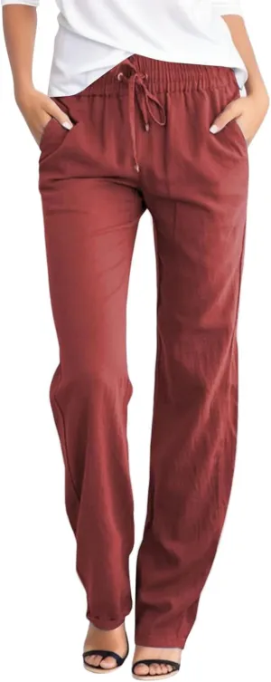 Wide Leg Pants for Women Cotton Linen Business Casual Long Trousers Summer Drawstring Elastic High Waist Linen Pants