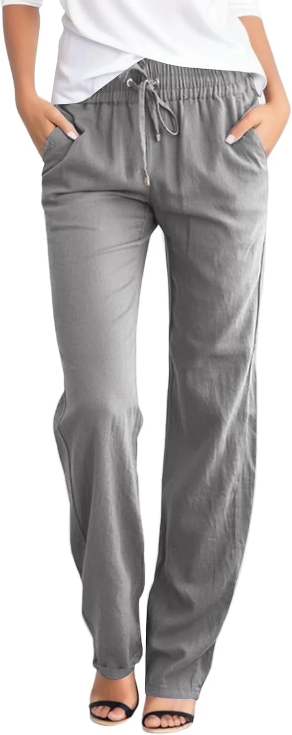 Wide Leg Pants for Women Cotton Linen Business Casual Long Trousers Summer Drawstring Elastic High Waist Linen Pants