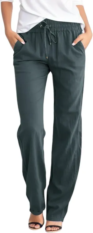 Wide Leg Pants for Women Cotton Linen Business Casual Long Trousers Summer Drawstring Elastic High Waist Linen Pants
