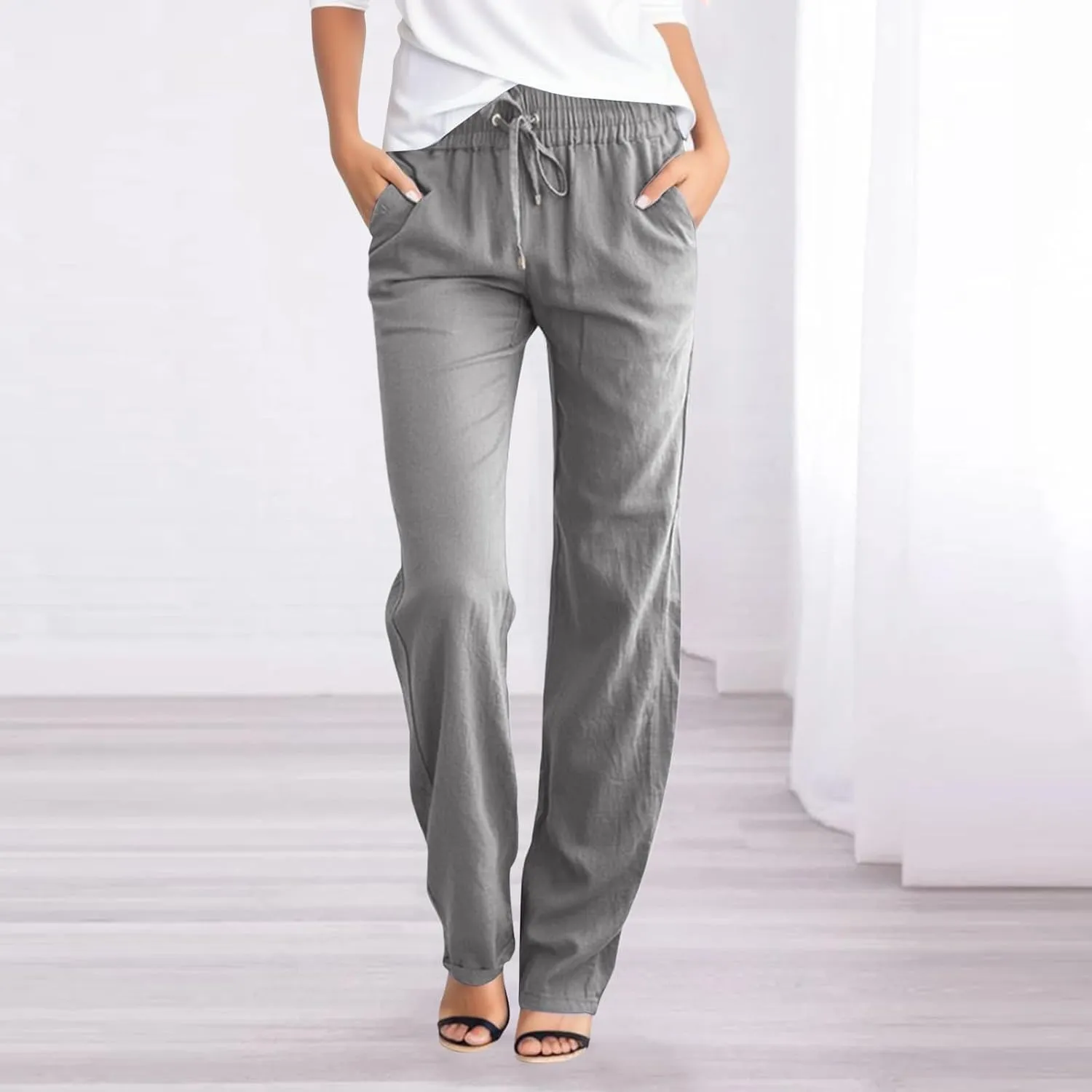 Wide Leg Pants for Women Cotton Linen Business Casual Long Trousers Summer Drawstring Elastic High Waist Linen Pants