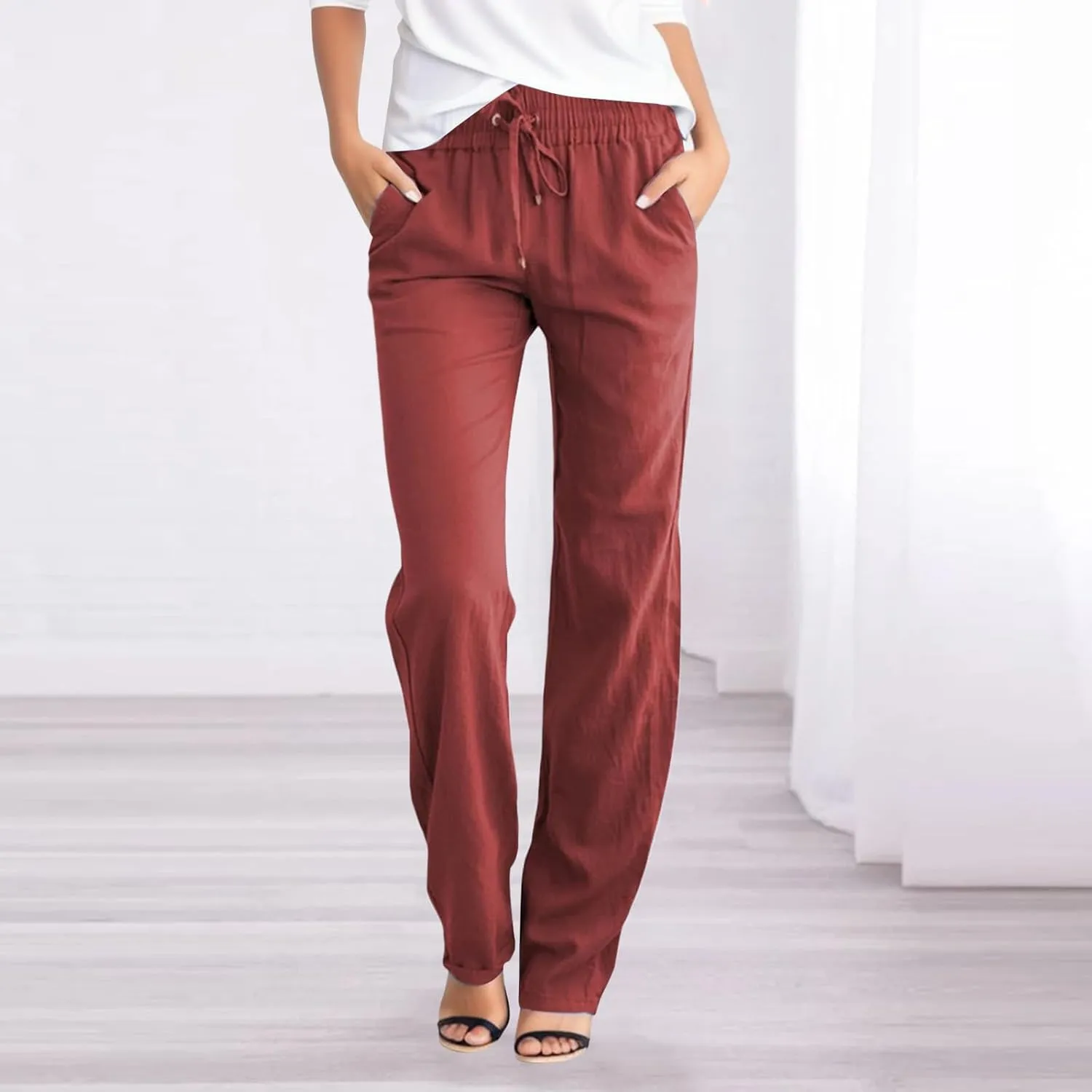 Wide Leg Pants for Women Cotton Linen Business Casual Long Trousers Summer Drawstring Elastic High Waist Linen Pants