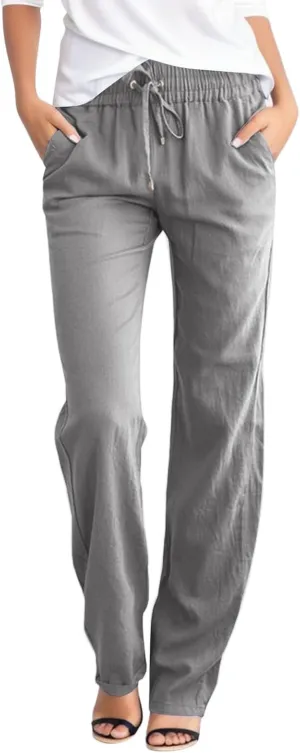Wide Leg Pants for Women Cotton Linen Business Casual Long Trousers Summer Drawstring Elastic High Waist Linen Pants