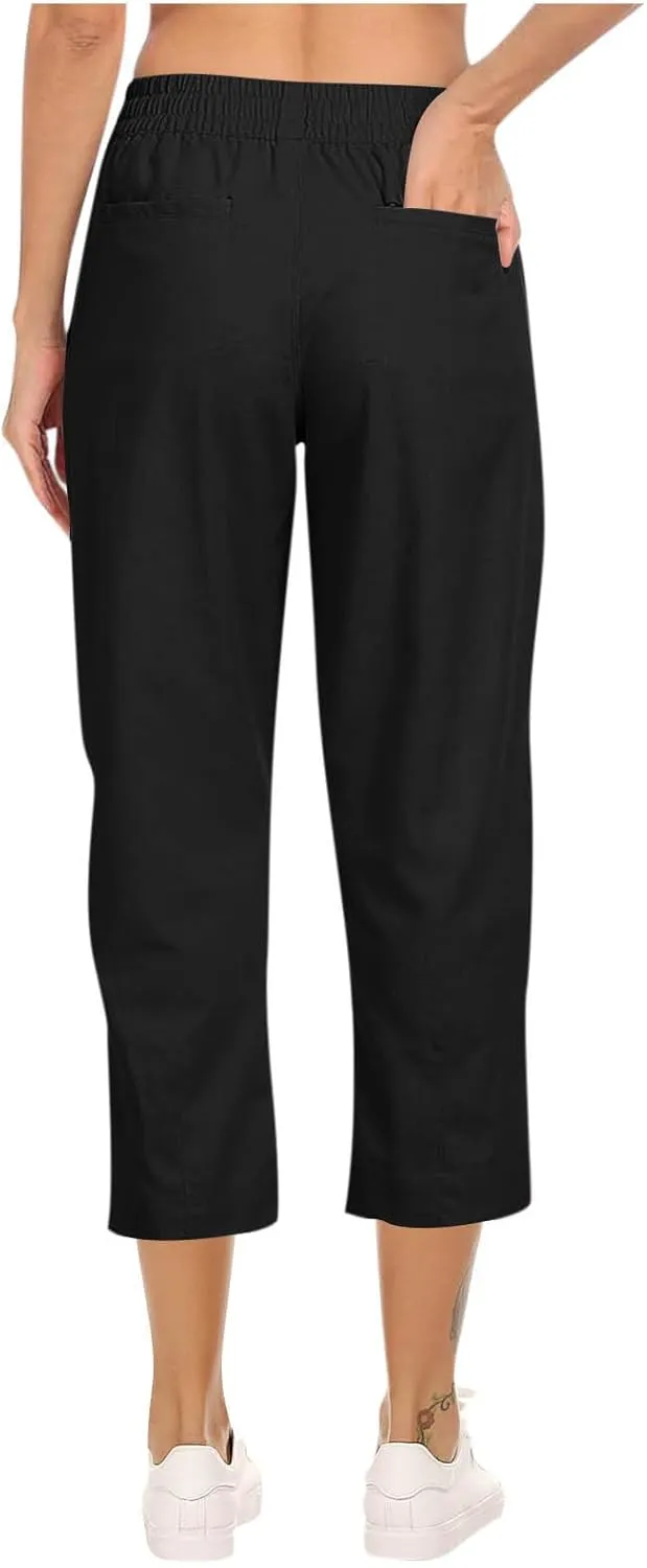 Women Linen Pants 2025 Summer Casual Loose Wide Leg Palazzo Pants Pockets Smocked High Waist Trousers Capris