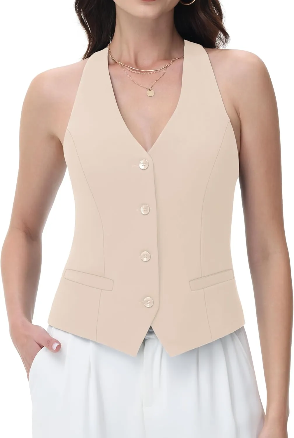 Women Suit Vest V Neck Button Down Vest Top Tuxedo Waistcoat Sleeveless Racerback Fashion Vests Blazer
