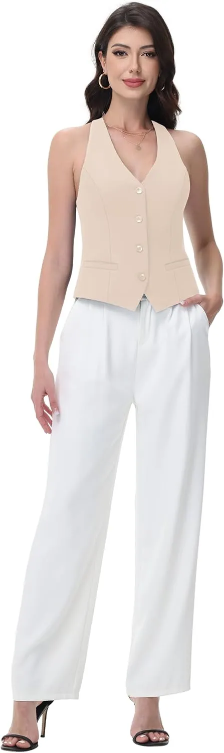 Women Suit Vest V Neck Button Down Vest Top Tuxedo Waistcoat Sleeveless Racerback Fashion Vests Blazer