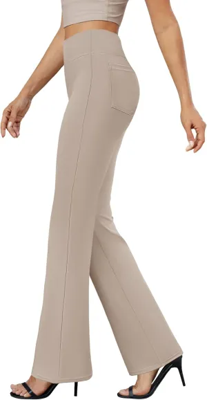 Womens Bootcut Dress Pants Business Casual Work Pants with Pockets High Waist Stretchy Trousers Pull On Office Slacks Taupe