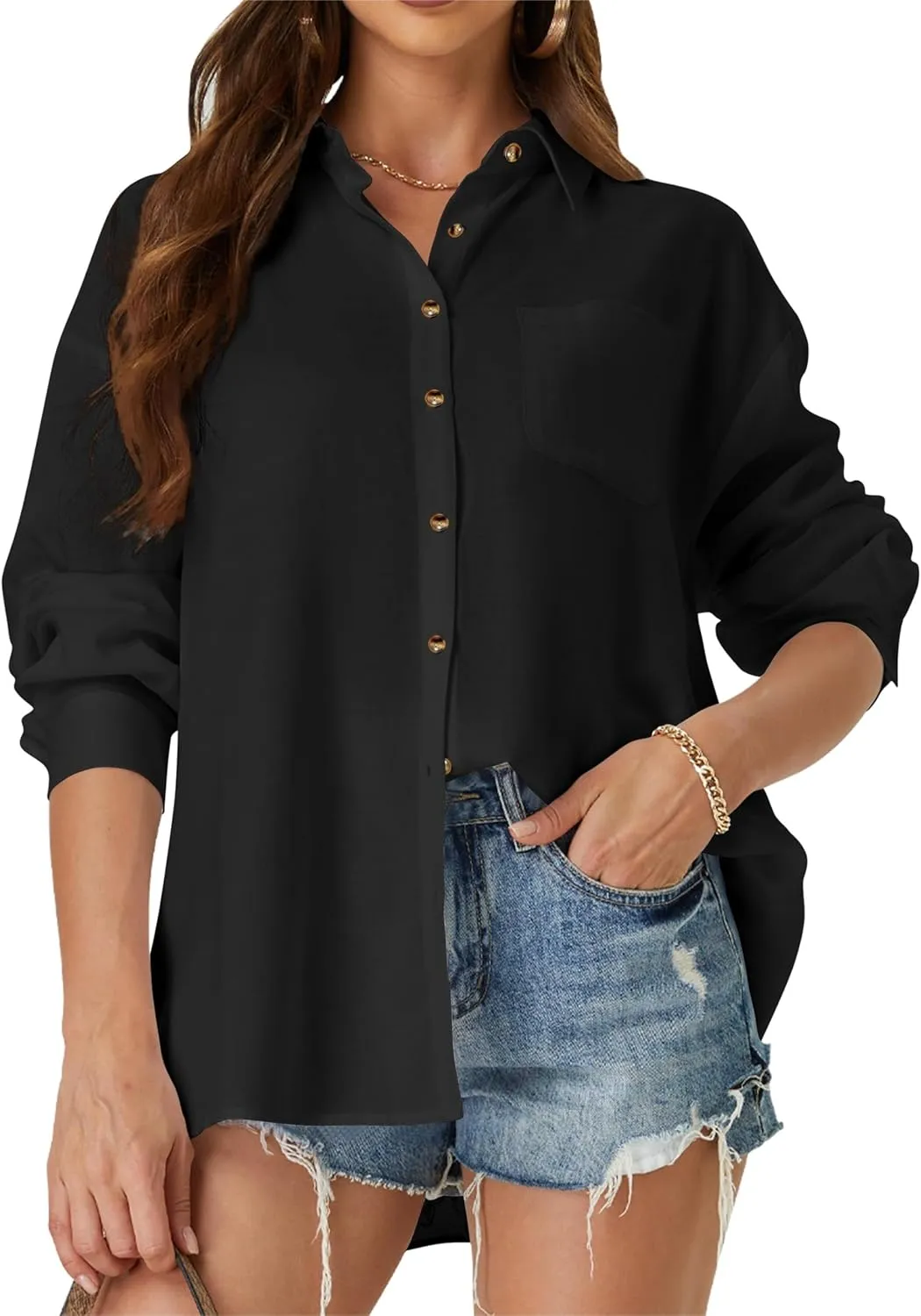 Womens Casual Linen Cotton Button Down Long Sleeve Shirts V-Neck Collared Work Summer Blouse Tops with Pockets