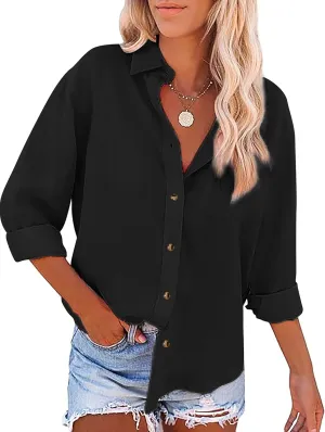 Womens Casual Linen Cotton Button Down Long Sleeve Shirts V-Neck Collared Work Summer Blouse Tops with Pockets