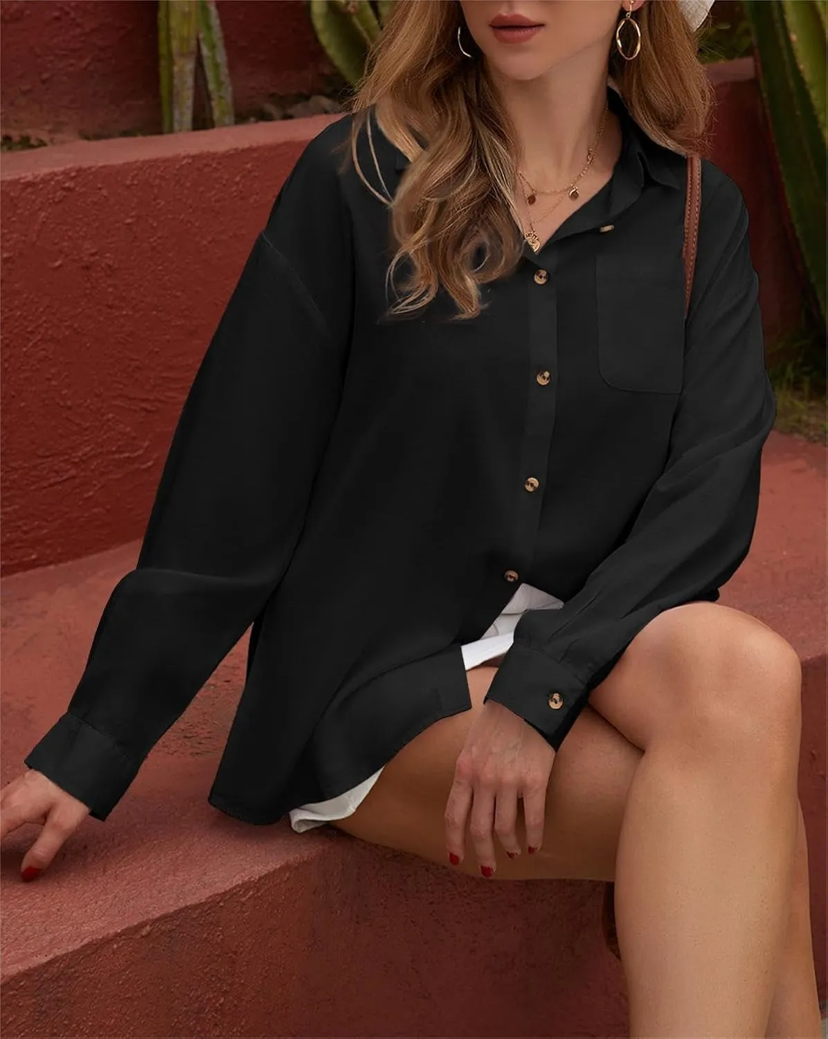 Womens Casual Linen Cotton Button Down Long Sleeve Shirts V-Neck Collared Work Summer Blouse Tops with Pockets