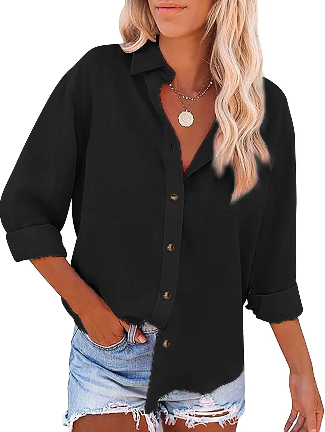 Womens Casual Linen Cotton Button Down Long Sleeve Shirts V-Neck Collared Work Summer Blouse Tops with Pockets