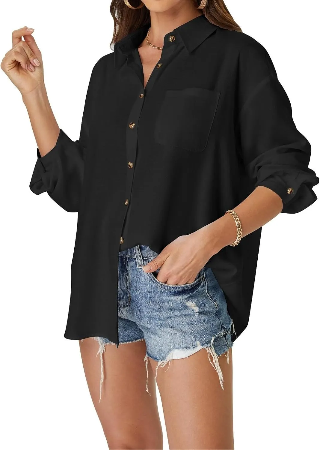 Womens Casual Linen Cotton Button Down Long Sleeve Shirts V-Neck Collared Work Summer Blouse Tops with Pockets