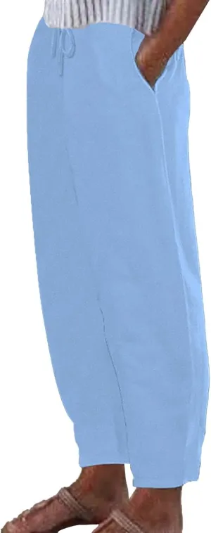 Womens Cotton Linen Pants,Summer Casual Loose Drawstring High Waist Lounge Palazzo Pants Beach Trousers with Pockets