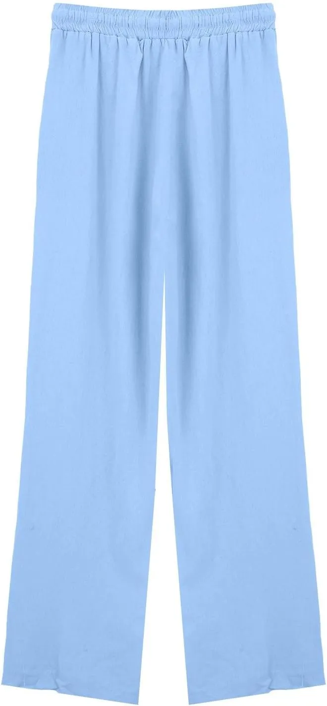 Womens Cotton Linen Pants,Summer Casual Loose Drawstring High Waist Lounge Palazzo Pants Beach Trousers with Pockets