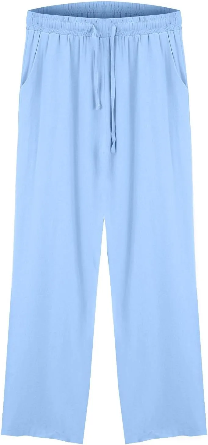 Womens Cotton Linen Pants,Summer Casual Loose Drawstring High Waist Lounge Palazzo Pants Beach Trousers with Pockets
