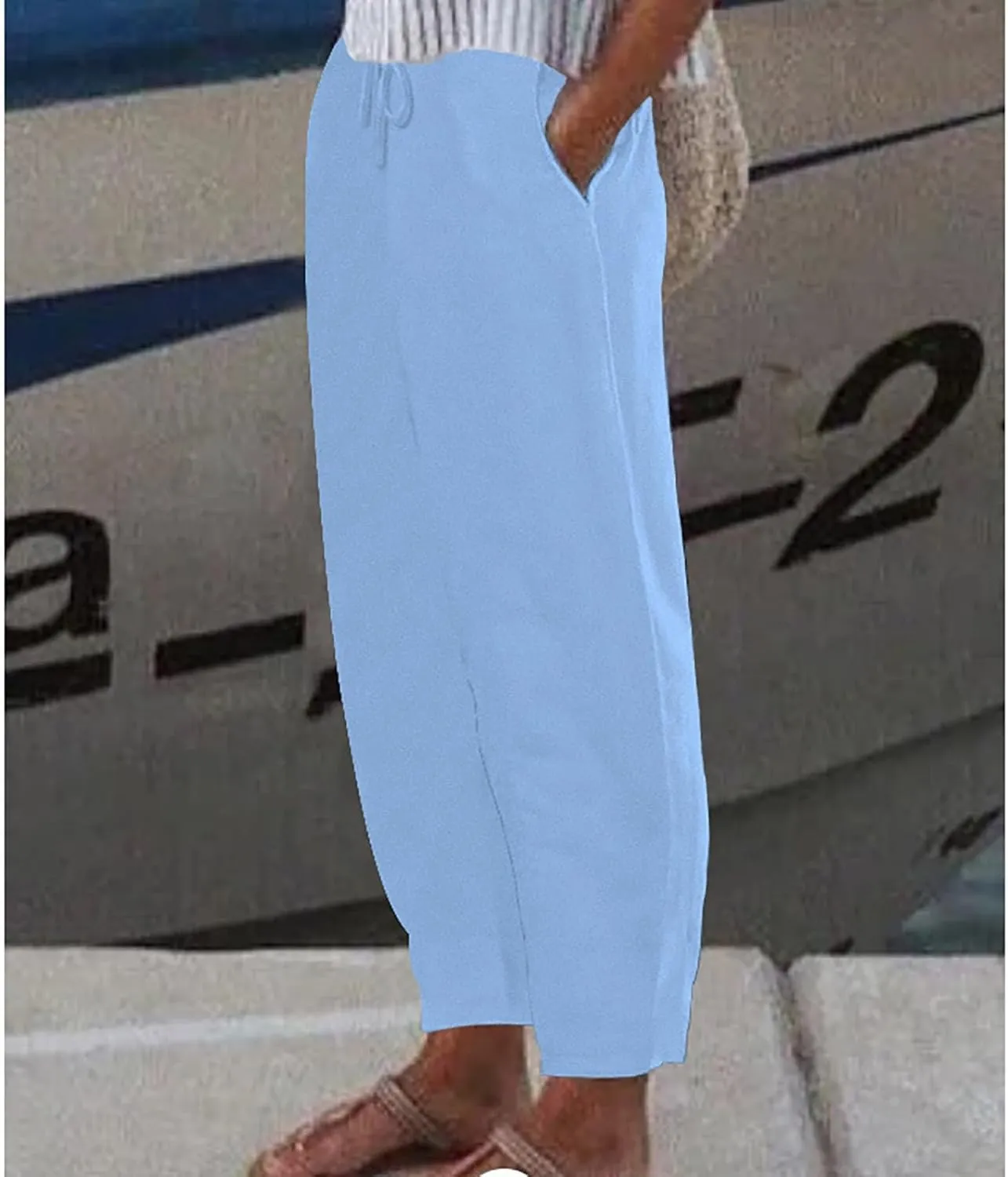 Womens Cotton Linen Pants,Summer Casual Loose Drawstring High Waist Lounge Palazzo Pants Beach Trousers with Pockets