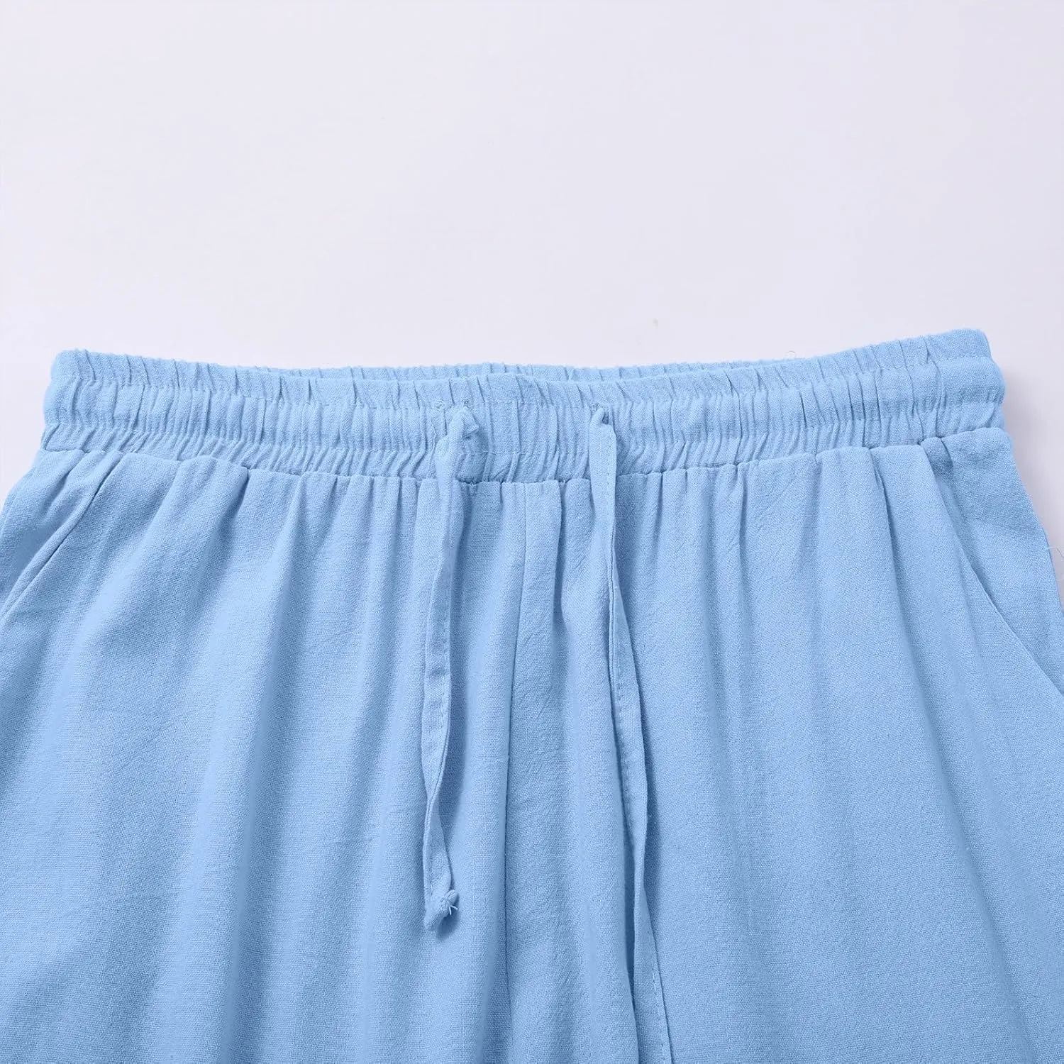Womens Cotton Linen Pants,Summer Casual Loose Drawstring High Waist Lounge Palazzo Pants Beach Trousers with Pockets
