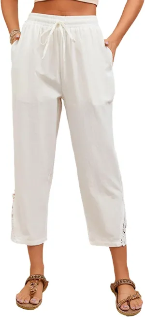 Womens Lace Splicing Cotton Linen Capri Pants Drawstring Elastic Waist Solid Color Summer Trousers with Pockets