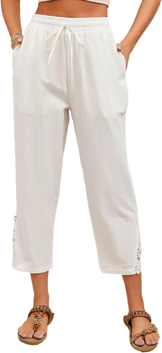 Womens Lace Splicing Cotton Linen Capri Pants Drawstring Elastic Waist Solid Color Summer Trousers with Pockets