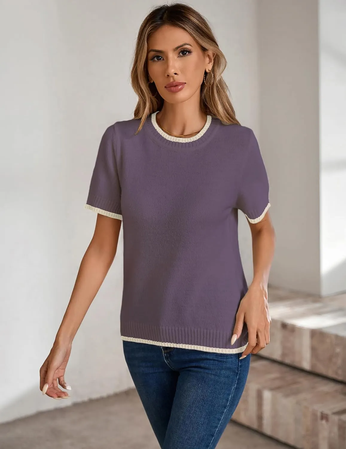 Womens Lightweight Cute Short Sleeve Sweater Spring 2025 Trendy Outfits Crewneck Thin Sheer Knit T-Shirt Tops