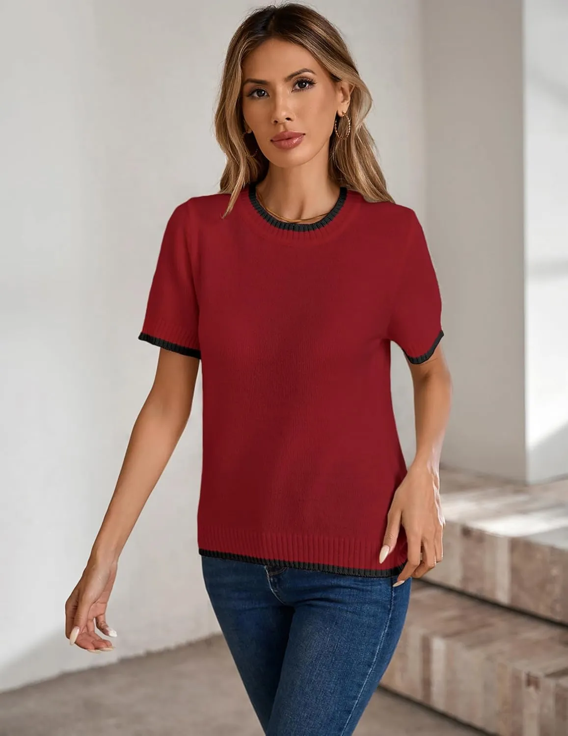 Womens Lightweight Cute Short Sleeve Sweater Spring 2025 Trendy Outfits Crewneck Thin Sheer Knit T-Shirt Tops