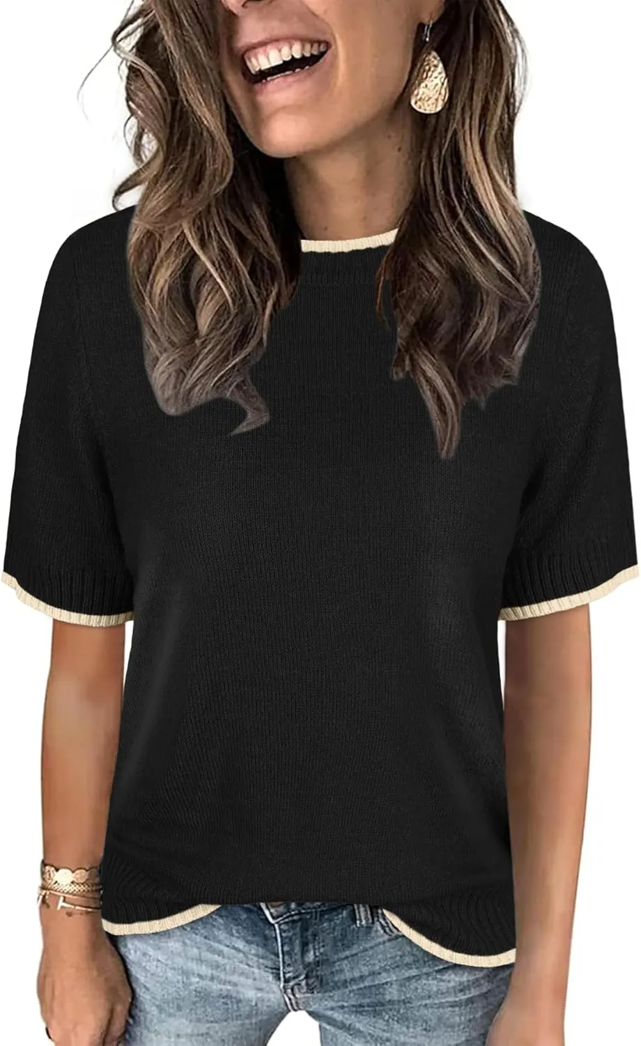 Womens Lightweight Cute Short Sleeve Sweater Spring 2025 Trendy Outfits Crewneck Thin Sheer Knit T-Shirt Tops